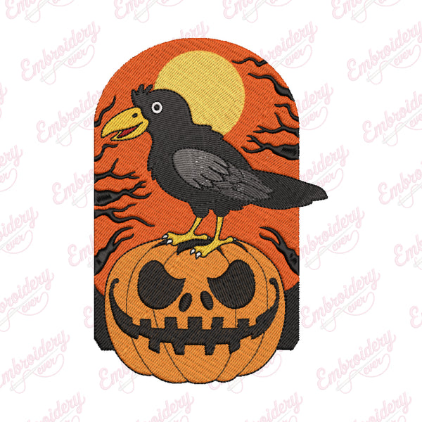Halloween Raven and Pumpkin Embroidery Design