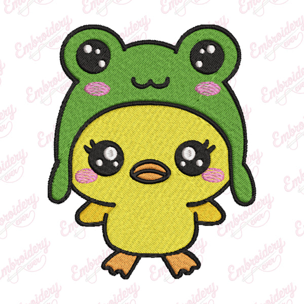 Kawaii Duck Wearing A Frog Hat Embroidery Design