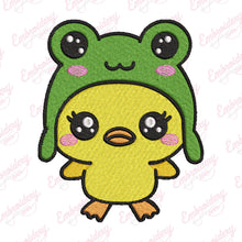 Kawaii Duck Wearing A Frog Hat Embroidery Design