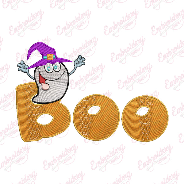 Scary Ghost Coming Out Of Boo Text Halloween Embroidery Design