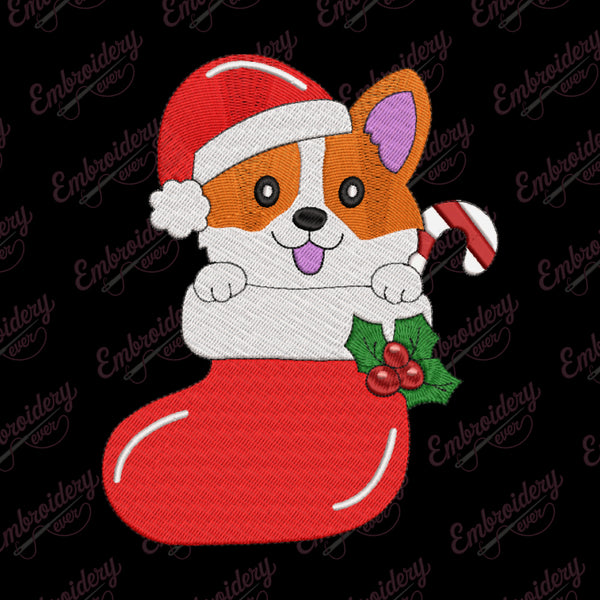 Christmas Corgi In Stocking Embroidery Design