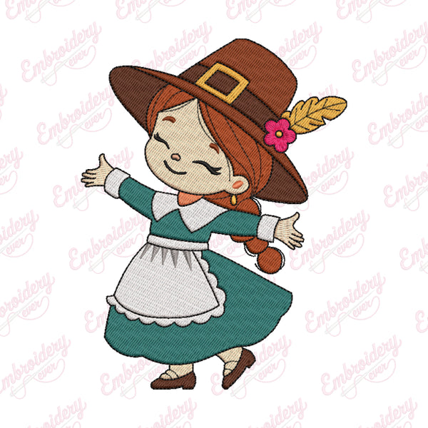 Sweet Pilgrim Girl Thanksgiving Embroidery Design