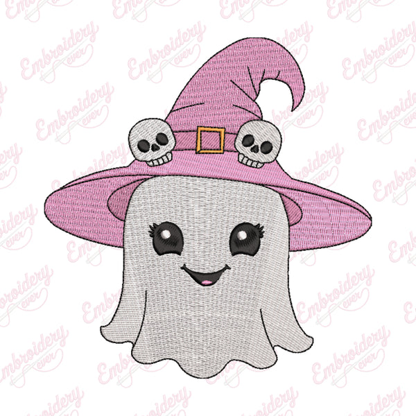 Cute Ghost Wearing Pink Witch Hat Halloween Embroidery Design