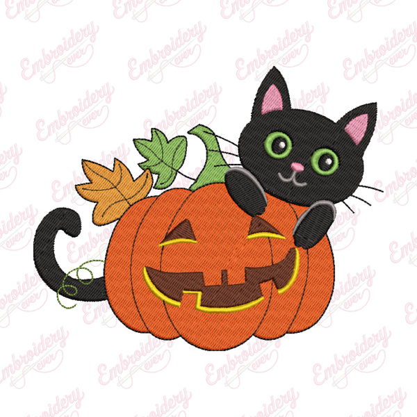 Halloween Kitty Cat And Funny Pumpkins Embroidery Design