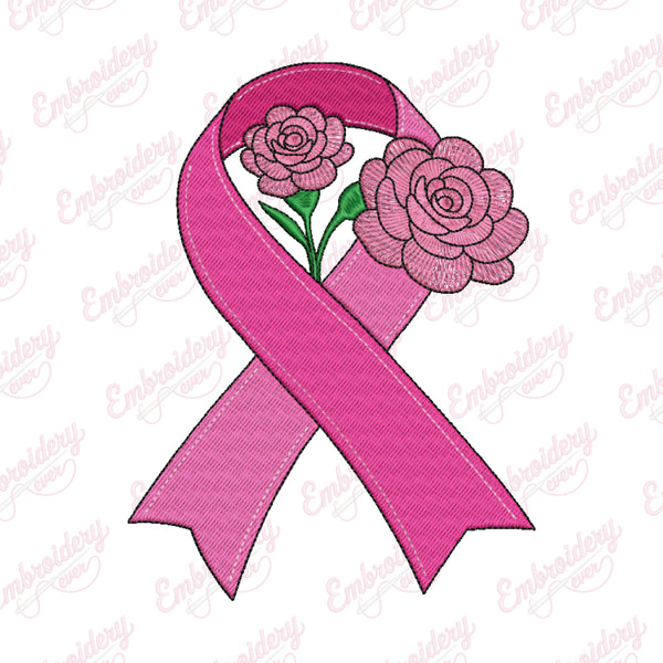 Pink Awareness Ribbon Flower Embroidery Design