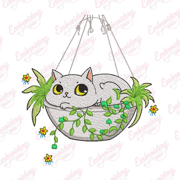 White Cat In The Plant Pot Embroidery Design