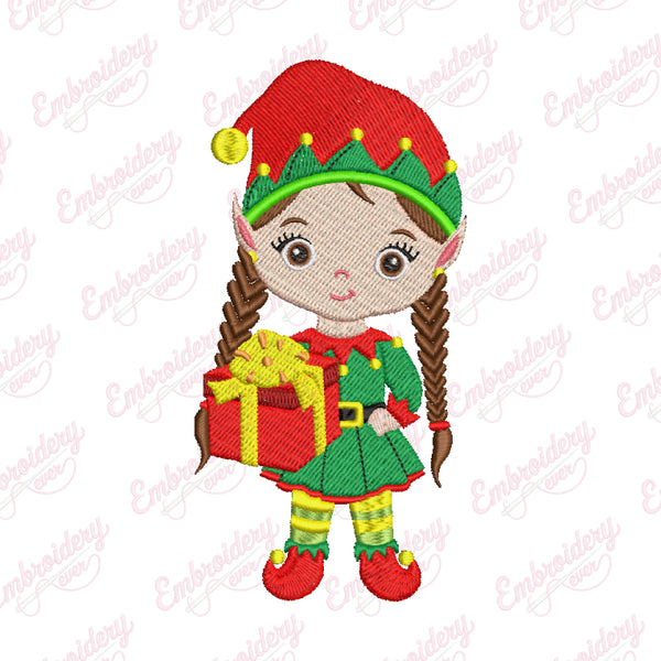 Christmas Elf Girl With Gift Embroidery Design