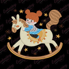 Funny Girl Playing on Toy Horse Embroidery Design