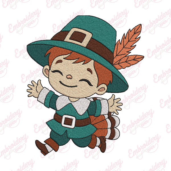 Cute Pilgrim Boy Embroidery Design For Thanksgiving