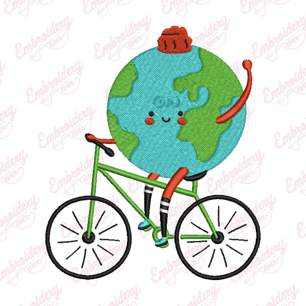 Planet Earth Riding Bicycle Embroidery Design