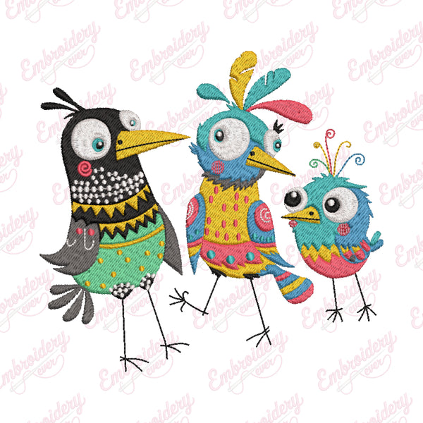 Crazy Colorful Birds Embroidery Design