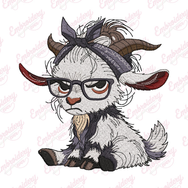 Goat Wearing Glasses And Bandana Embroidery Design