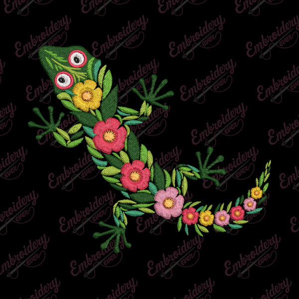Colorful Botanical Gecko Embroidery Design