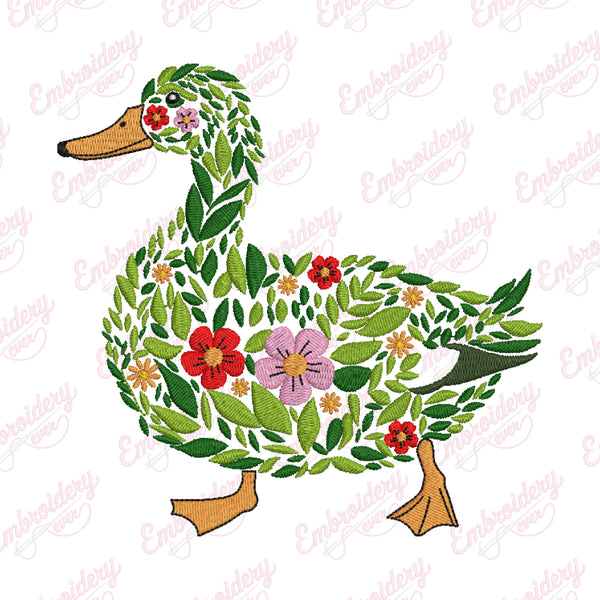 Cute Floral Duck Embroidery Design