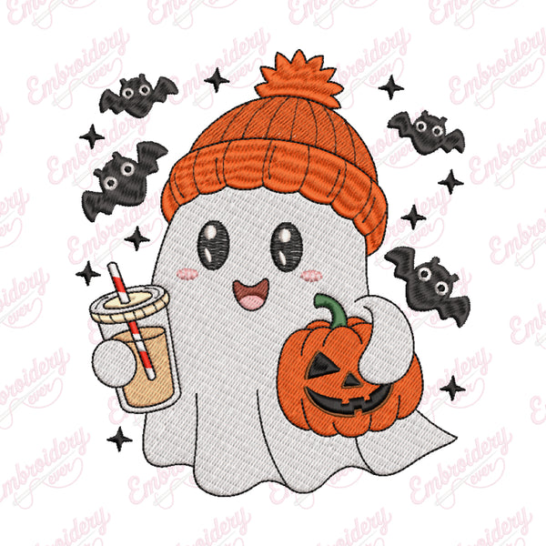 Halloween Ghost With Coffee Embroidery Design