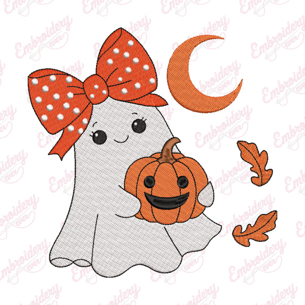 Adorable Ghost With Pumpkin Halloween Embroidery Design