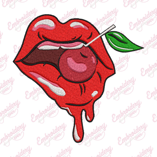 Woman Lips With Cherry Embroidery Design