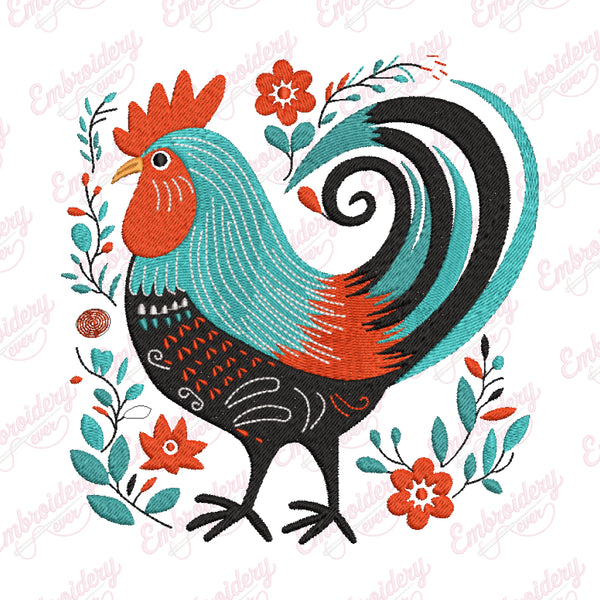 Tropical Leaves And Flowers Rooster Embroidery Design