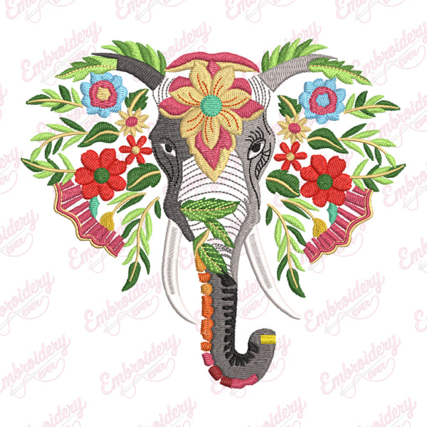 Elephant With Flowers Embroidery Design