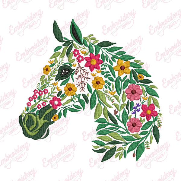 Tropical Leaves And Flowers Horse Embroidery Design