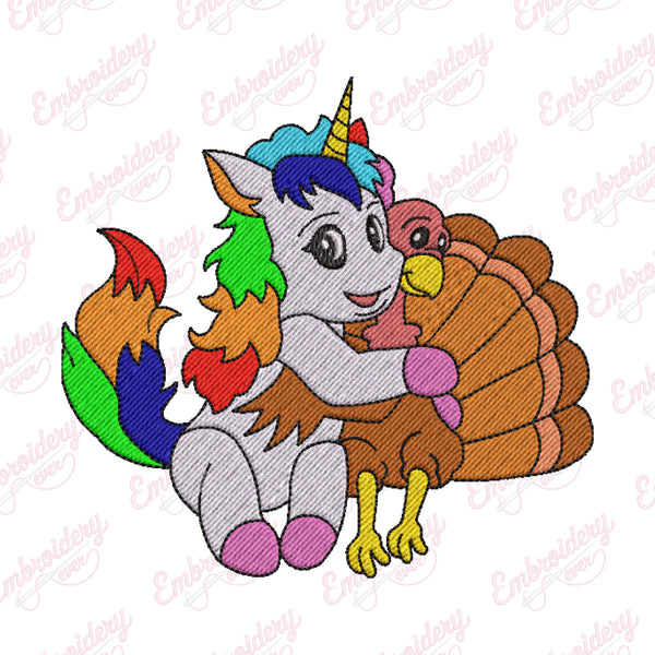 Unicorn Hugs Thanksgiving Turkey Embroidery Design
