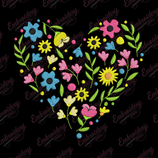 Heart Shaped Colorful Flowers Embroidery Design