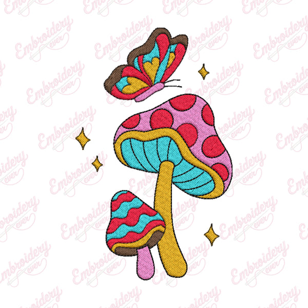 Mushroom With Butterflies Embroidery Design
