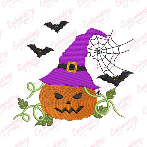 Pumpkin Wearing Witch Hat Halloween Embroidery Design