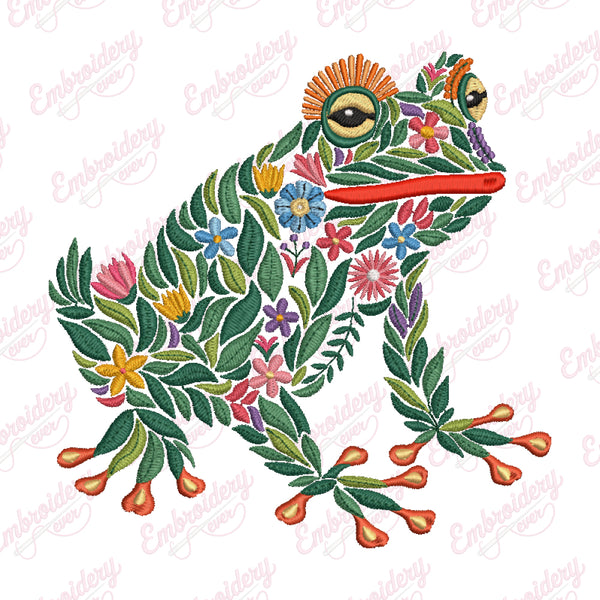 Tropical Leaves And Flowers Tree Frog Embroidery Design