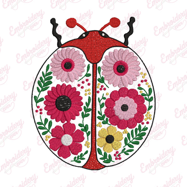 Colorful Botanical Ladybug Embroidery Design