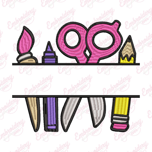 School Tool Split Name Monogram Embroidery Design