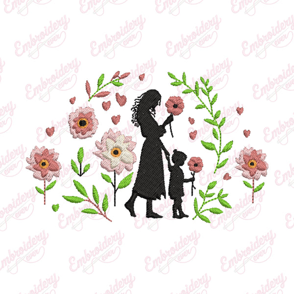 Mother and Child With Floral Embroidery Design