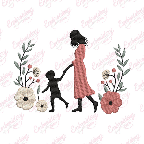 Mother and Baby Floral Embroidery Design