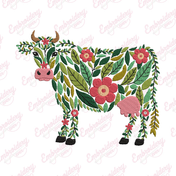 Beautiful Floral Cow Embroidery Design