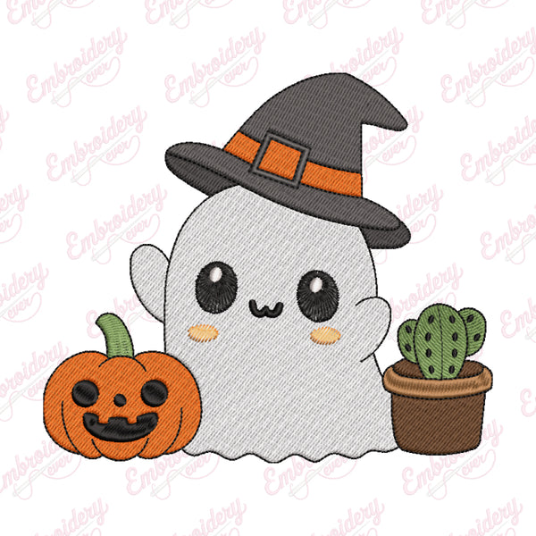 Cute Halloween Ghost With Pumpkin And Cactus Embroidery Design