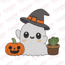 Cute Halloween Ghost With Pumpkin And Cactus Embroidery Design
