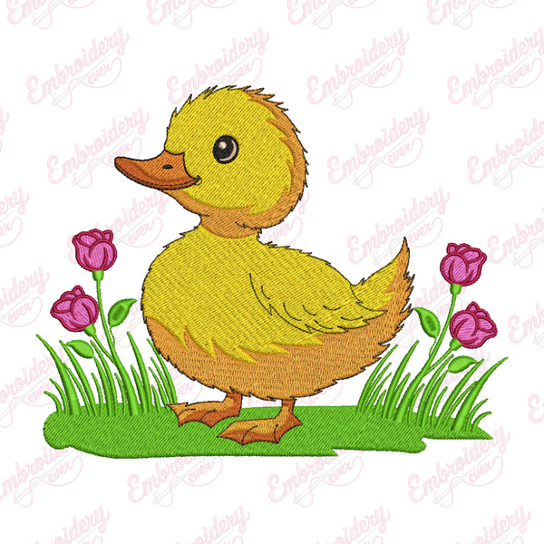 Cute Standing Duck In Green Grass Embroidery Design