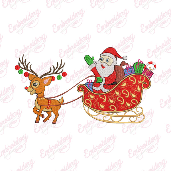 Santa Claus And Reindeer Sleigh Embroidery Design