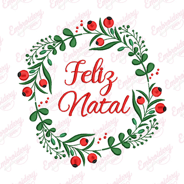 Feliz Natal Christmas Wreath Embroidery Design