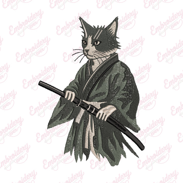 Funny Samurai Cat Embroidery Design