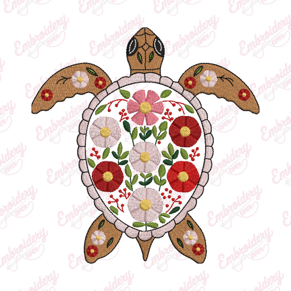 Colorful Botanical Turtle Embroidery Design