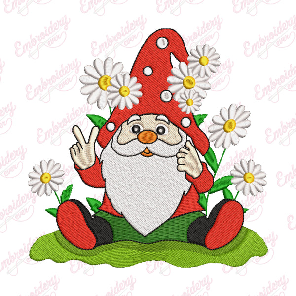 Gnome With Daisies Embroidery Design