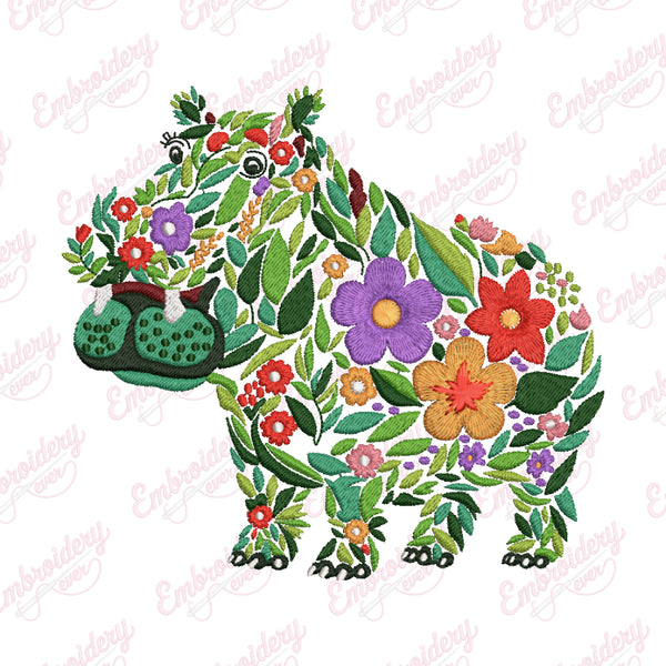 Colorful Botanical Hippopotamus Embroidery Design