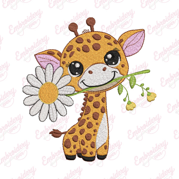 Giraffe with Daisy Flower Embroidery Design