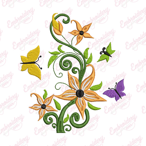 Flowers and Butterfly Embroidery Design