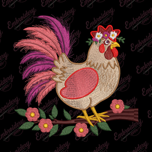 Rooster With Flower Crown Embroidery Design