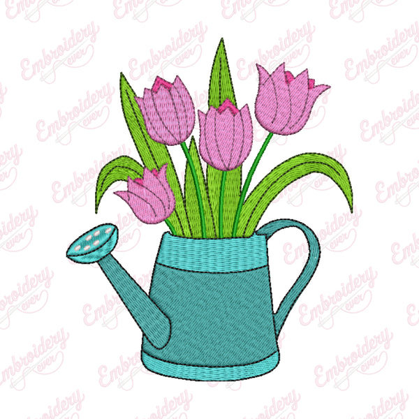 Tulips In Watering Can Embroidery Design