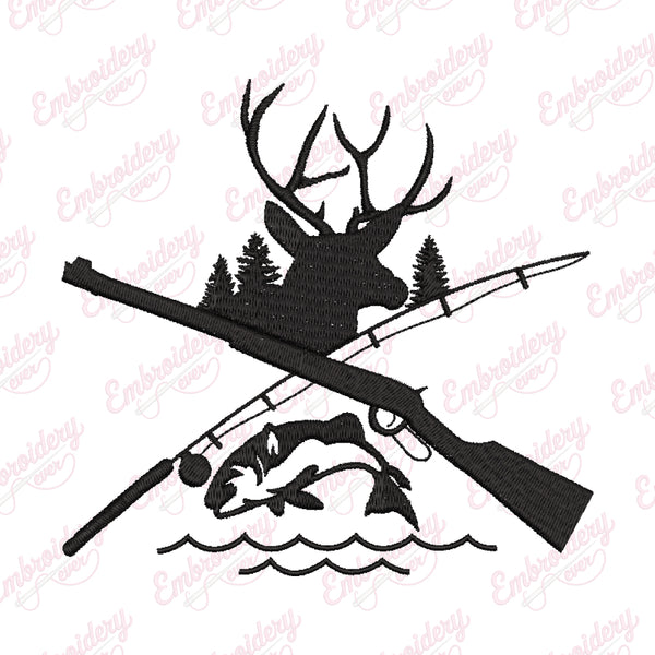 Deer and Fish Hunting Embroidery Design