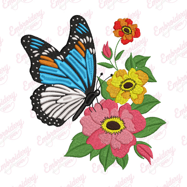 Featuring A Butterfly And Flowers Embroidery Design