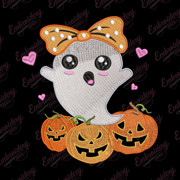 Cute Ghost In Pumpkin Halloween Embroidery Design